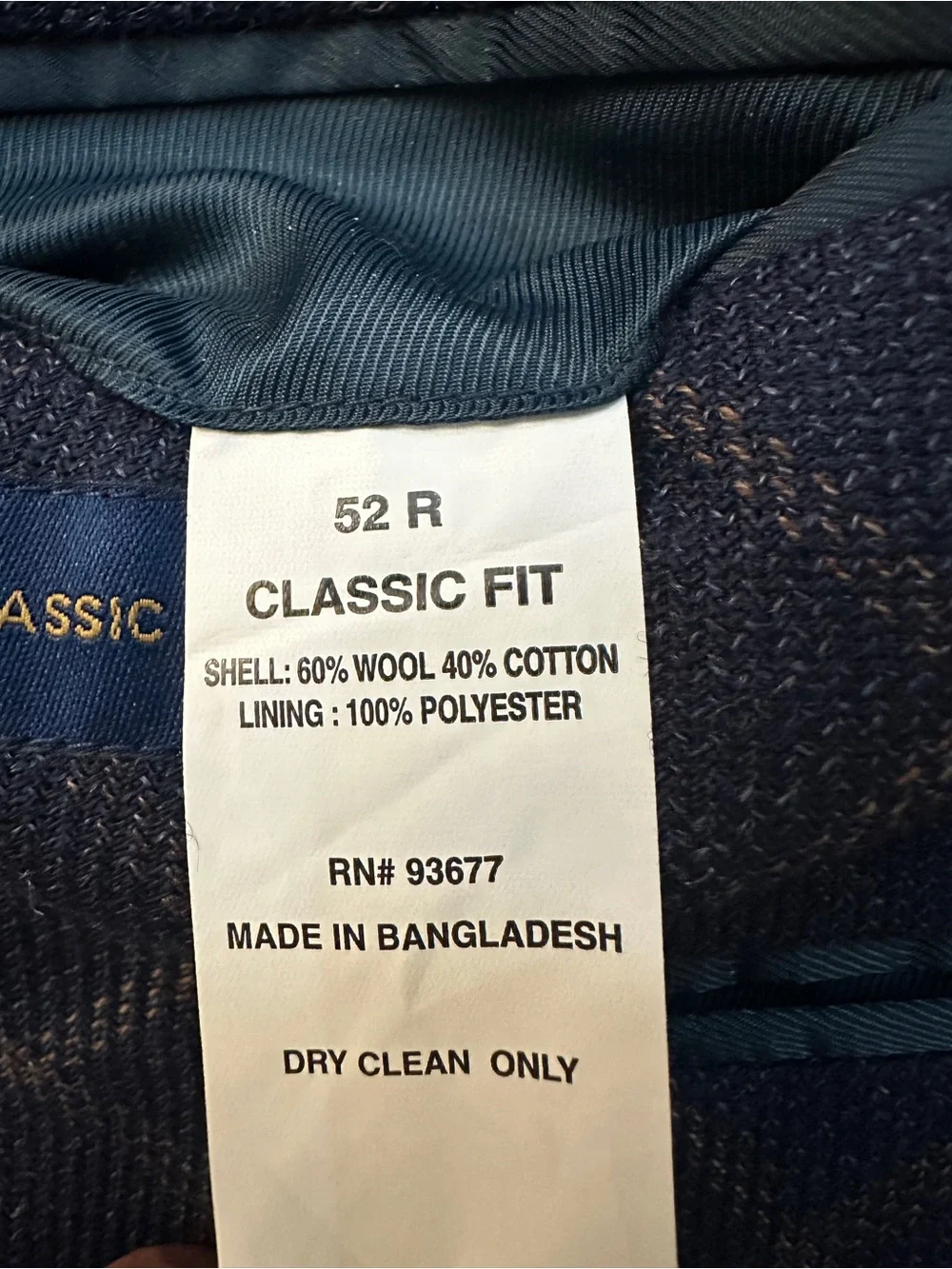 Stafford 60% Wool 40% Cotton Classic Fit Sport Coat Blazer Men’s 52 R Navy